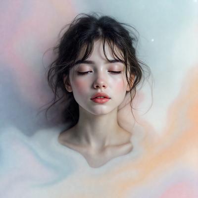 The primary subject of the image is a woman with long hair, lying down and looking up. She is surrounded by a colorful, swirling background that adds a vibrant and lively atmosphere to the scene. The visual style of the image is a combination of photo and digital art, creating a unique and artistic representation of the woman. The colors and mood of the image are predominantly warm and inviting, with the woman's gaze and the swirling background evoking a sense of tranquility and